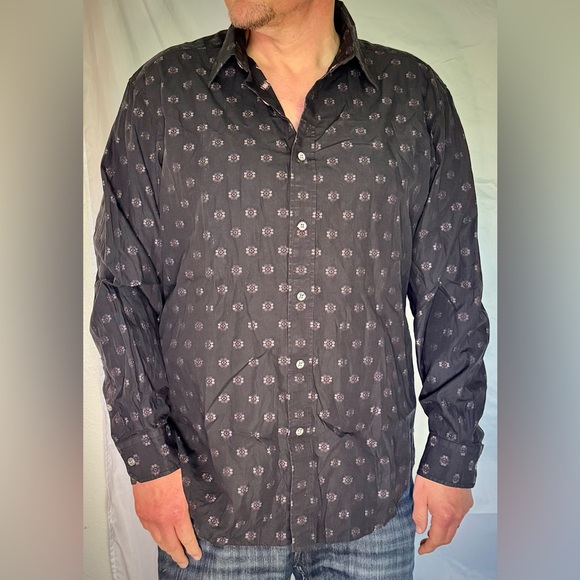 Indigo Palms Distressed Black Long Sleeve Button Down with Floral Print - Picture 2 of 5